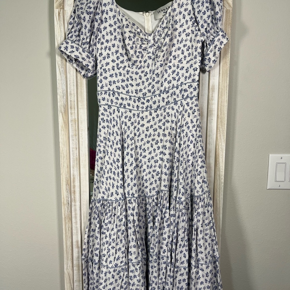 JessaKae Blue and White Floral Midi Dress